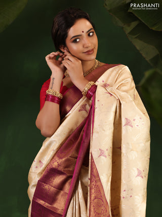 Cream-Purple Pure Kanchipuram Silk Saree With allover Thread & silver zari woven brocade weaves