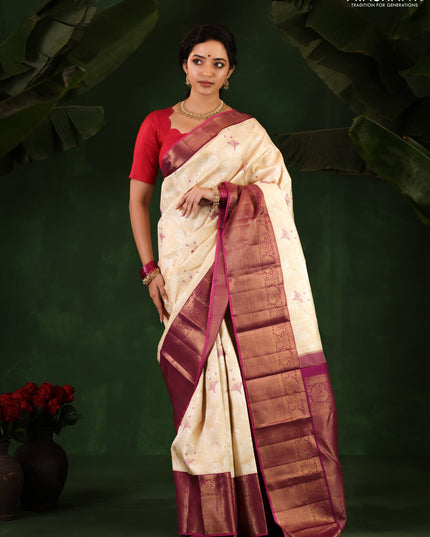 Cream-Purple Pure Kanchipuram Silk Saree With allover Thread & silver zari woven brocade weaves