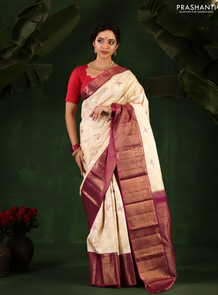 Cream-Purple Pure Kanchipuram Silk Saree With allover Thread & silver zari woven brocade weaves