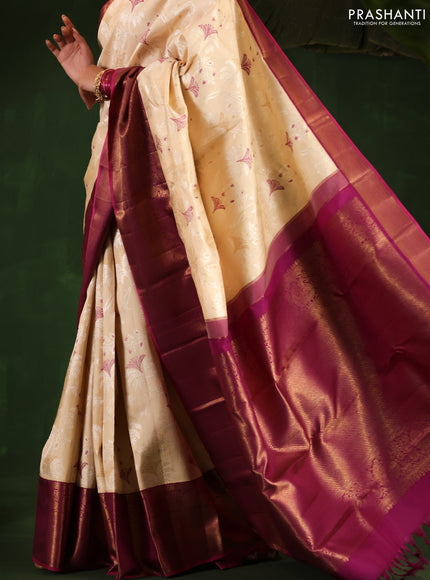 Cream-Purple Pure Kanchipuram Silk Saree With allover Thread & silver zari woven brocade weaves