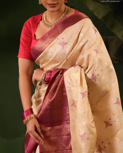 Cream-Purple Pure Kanchipuram Silk Saree With allover Thread & silver zari woven brocade weaves