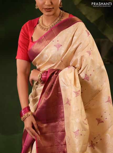 Cream-Purple Pure Kanchipuram Silk Saree With allover Thread & silver zari woven brocade weaves