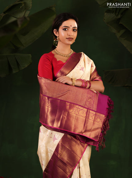 Cream-Purple Pure Kanchipuram Silk Saree With allover Thread & silver zari woven brocade weaves