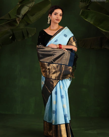 Light Blue-Peacock Blue Pure Kanchipuram Silk Saree With thread & zari woven buttas