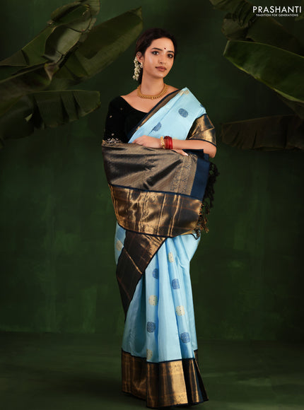 Light Blue-Peacock Blue Pure Kanchipuram Silk Saree With thread & zari woven buttas