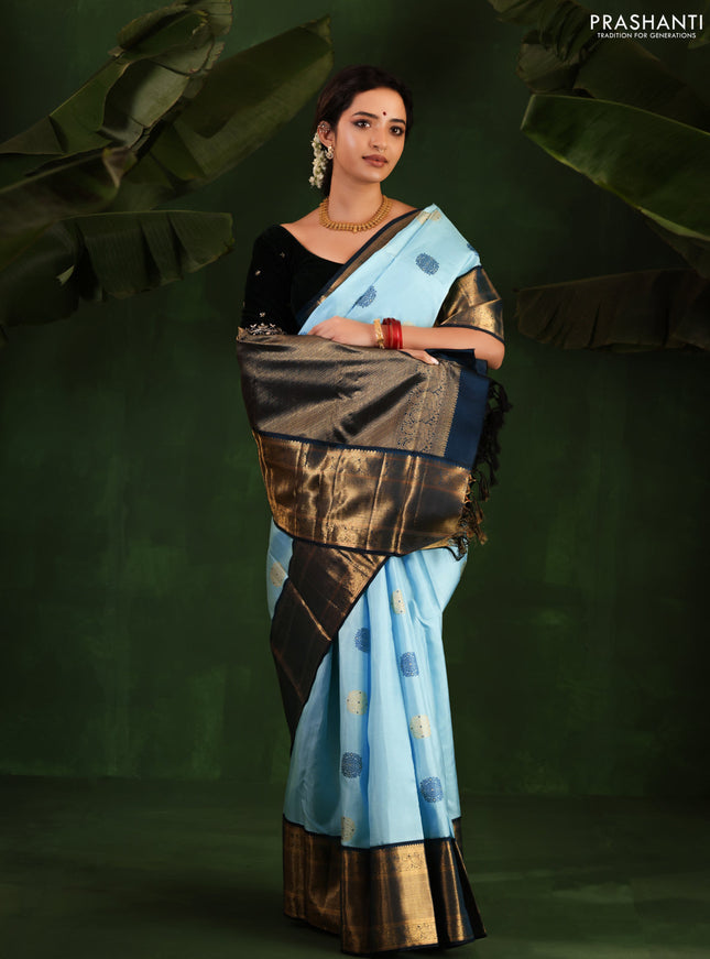 Light Blue-Peacock Blue Pure Kanchipuram Silk Saree With thread & zari woven buttas
