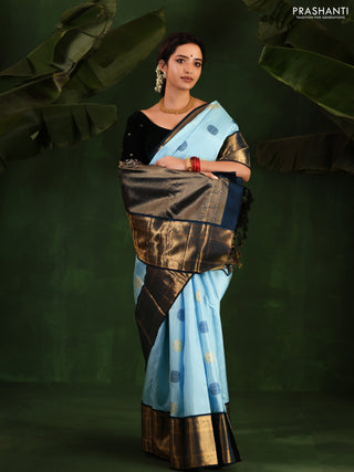 Light Blue-Peacock Blue Pure Kanchipuram Silk Saree With thread & zari woven buttas
