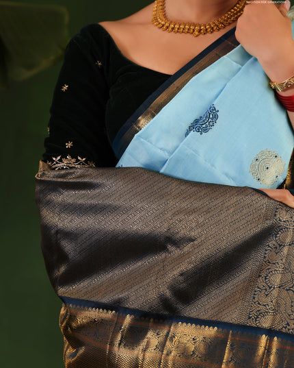 Light Blue-Peacock Blue Pure Kanchipuram Silk Saree With thread & zari woven buttas