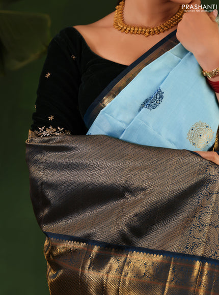 Light Blue-Peacock Blue Pure Kanchipuram Silk Saree With thread & zari woven buttas