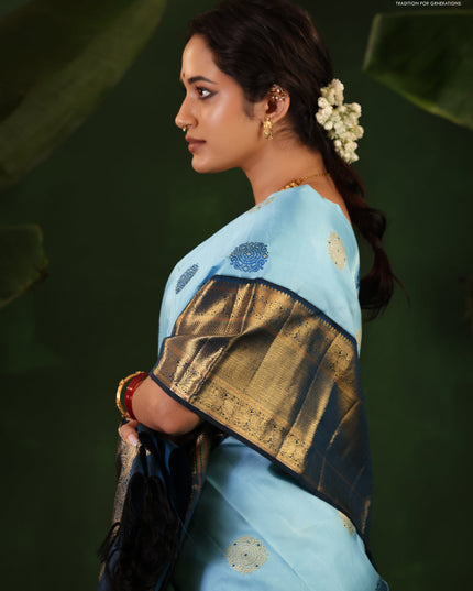 Light Blue-Peacock Blue Pure Kanchipuram Silk Saree With thread & zari woven buttas
