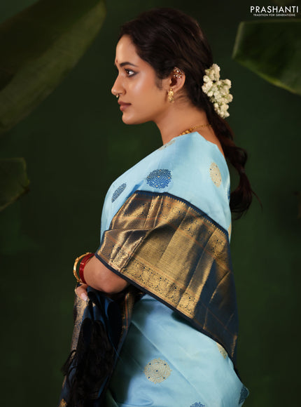 Light Blue-Peacock Blue Pure Kanchipuram Silk Saree With thread & zari woven buttas