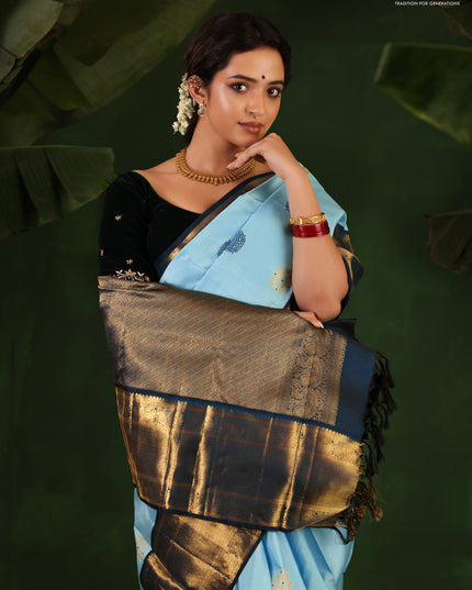 Light Blue-Peacock Blue Pure Kanchipuram Silk Saree With thread & zari woven buttas
