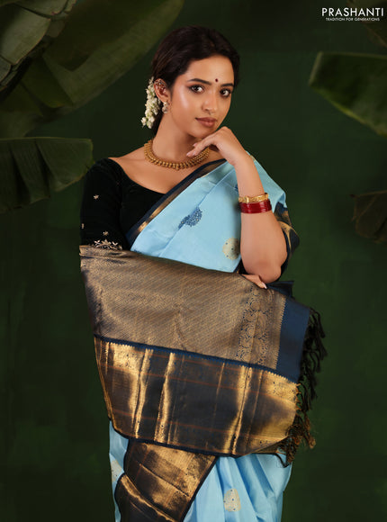 Light Blue-Peacock Blue Pure Kanchipuram Silk Saree With thread & zari woven buttas