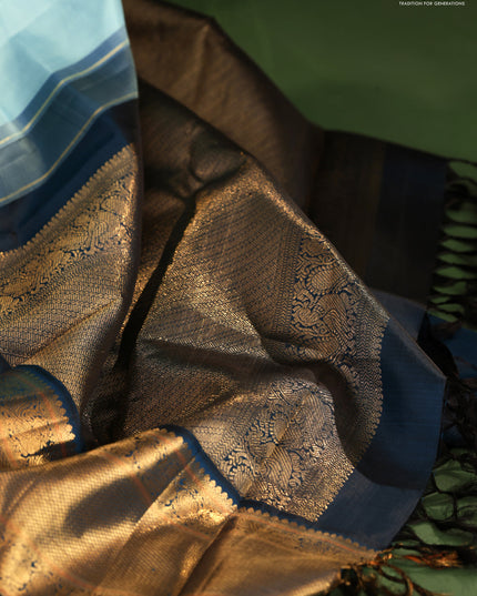 Light Blue-Peacock Blue Pure Kanchipuram Silk Saree With thread & zari woven buttas