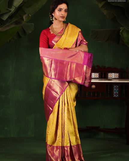 Yellow-Purple Pure Kanchipuram Silk Saree With Allover Zari woven Brocade weaves