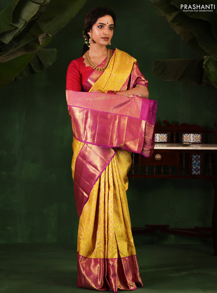Yellow-Purple Pure Kanchipuram Silk Saree With Allover Zari woven Brocade weaves
