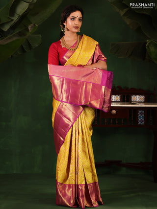 Yellow-Purple Pure Kanchipuram Silk Saree With Allover Zari woven Brocade weaves