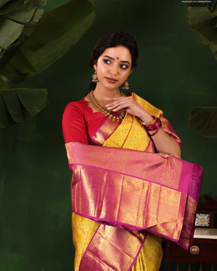 Yellow-Purple Pure Kanchipuram Silk Saree With Allover Zari woven Brocade weaves