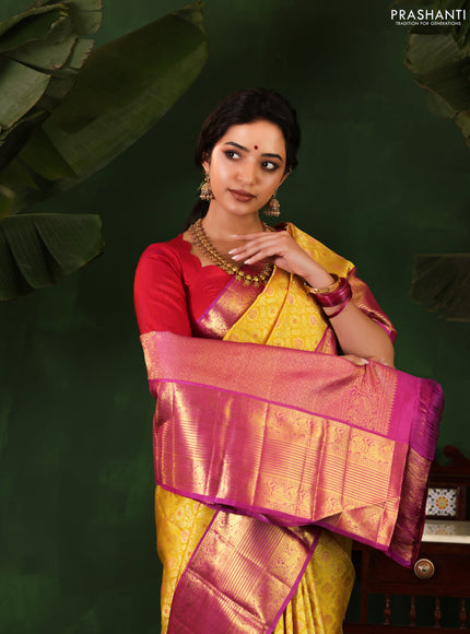 Yellow-Purple Pure Kanchipuram Silk Saree With Allover Zari woven Brocade weaves
