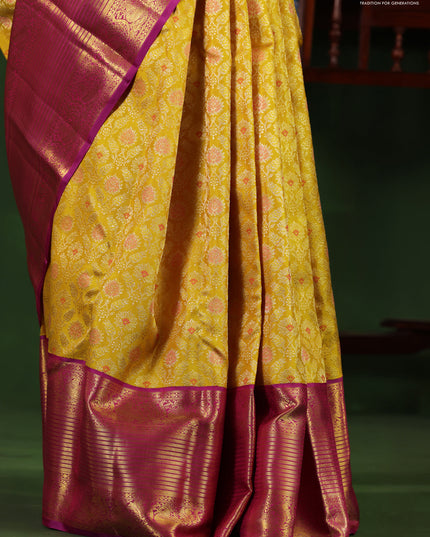 Yellow-Purple Pure Kanchipuram Silk Saree With Allover Zari woven Brocade weaves
