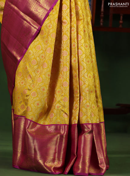 Yellow-Purple Pure Kanchipuram Silk Saree With Allover Zari woven Brocade weaves