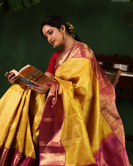 Yellow-Purple Pure Kanchipuram Silk Saree With Allover Zari woven Brocade weaves