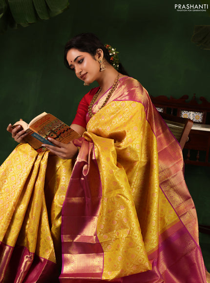 Yellow-Purple Pure Kanchipuram Silk Saree With Allover Zari woven Brocade weaves