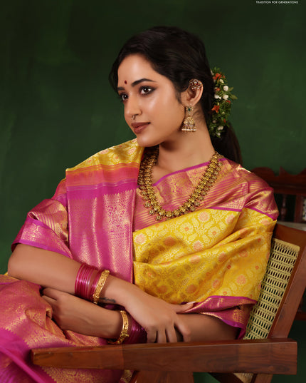 Yellow-Purple Pure Kanchipuram Silk Saree With Allover Zari woven Brocade weaves