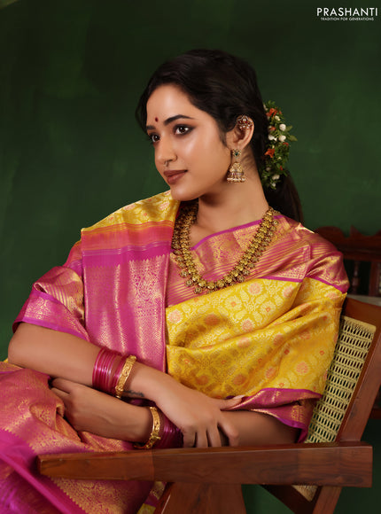 Yellow-Purple Pure Kanchipuram Silk Saree With Allover Zari woven Brocade weaves