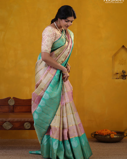 Peach Pink-Teal Green Pure Kanchipuram Silk Saree With Allover Zari weaves
