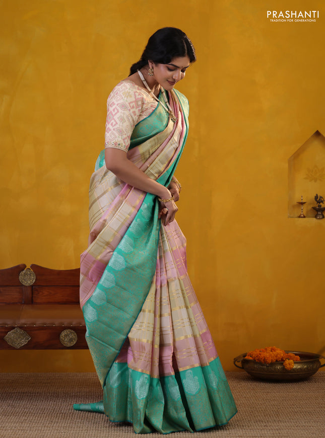 Peach Pink-Teal Green Pure Kanchipuram Silk Saree With Allover Zari weaves