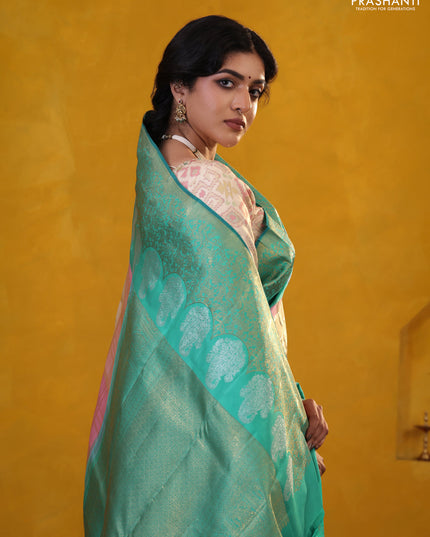 Peach Pink-Teal Green Pure Kanchipuram Silk Saree With Allover Zari weaves