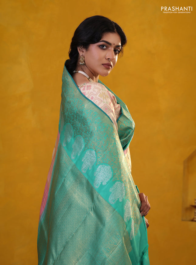 Peach Pink-Teal Green Pure Kanchipuram Silk Saree With Allover Zari weaves
