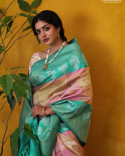 Peach Pink-Teal Green Pure Kanchipuram Silk Saree With Allover Zari weaves