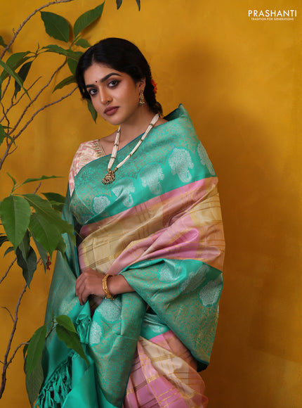 Peach Pink-Teal Green Pure Kanchipuram Silk Saree With Allover Zari weaves