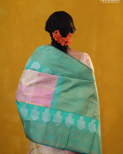 Peach Pink-Teal Green Pure Kanchipuram Silk Saree With Allover Zari weaves