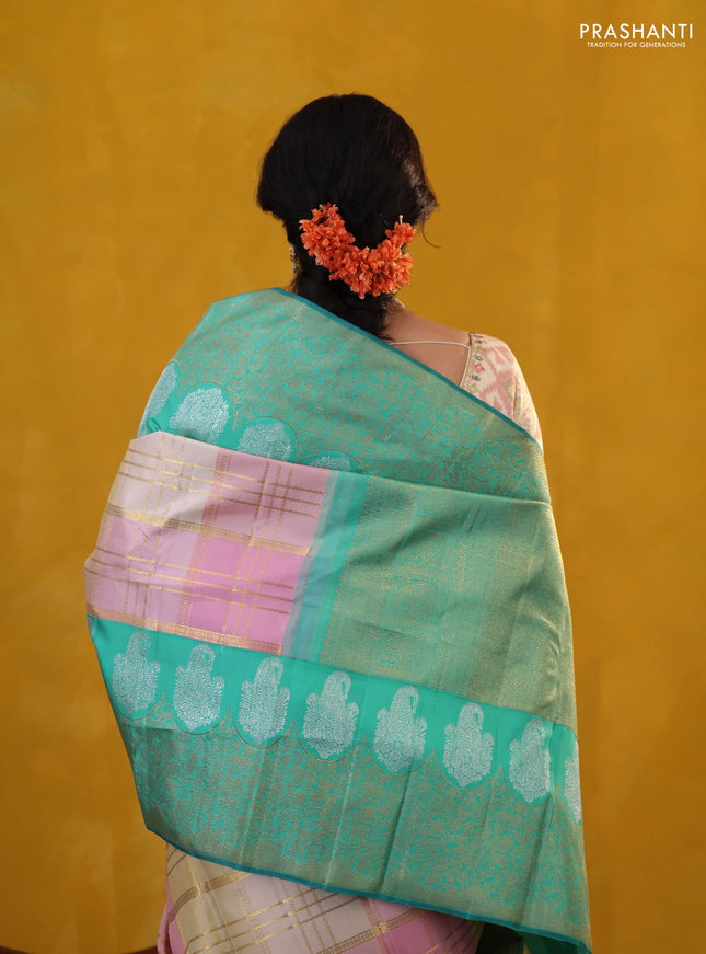 Peach Pink-Teal Green Pure Kanchipuram Silk Saree With Allover Zari weaves