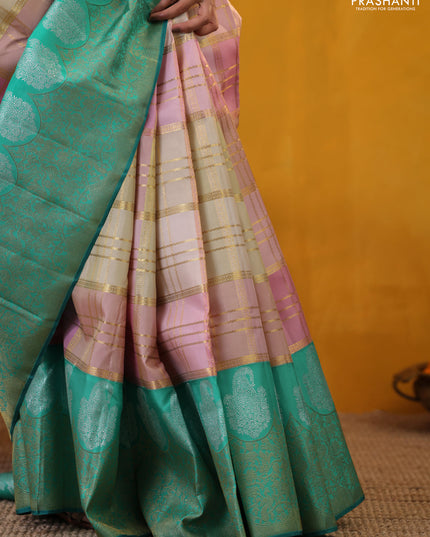 Peach Pink-Teal Green Pure Kanchipuram Silk Saree With Allover Zari weaves