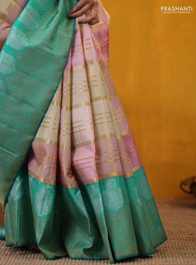 Peach Pink-Teal Green Pure Kanchipuram Silk Saree With Allover Zari weaves