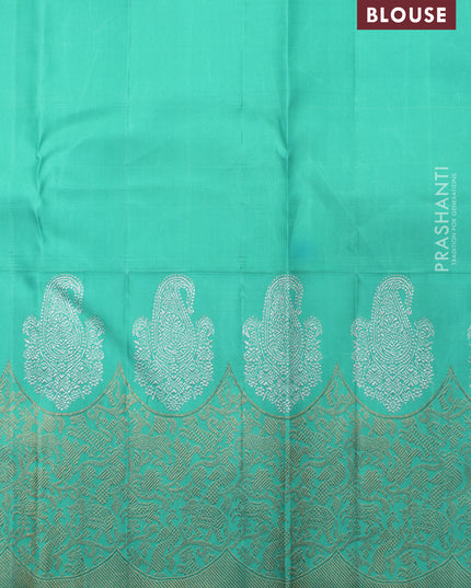 Peach Pink-Teal Green Pure Kanchipuram Silk Saree With Allover Zari weaves