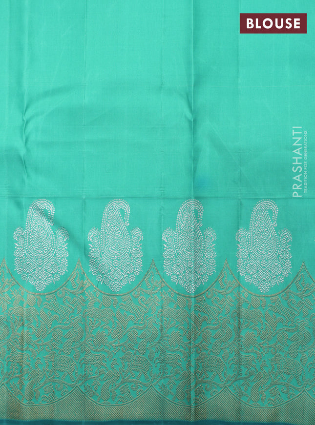 Peach Pink-Teal Green Pure Kanchipuram Silk Saree With Allover Zari weaves