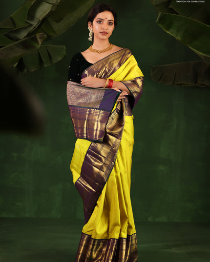 Yellow-Peacock green Pure kanchipuram silk saree With zari woven buttas