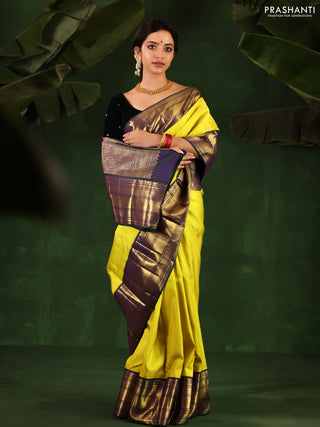 Yellow-Peacock green Pure kanchipuram silk saree With zari woven buttas