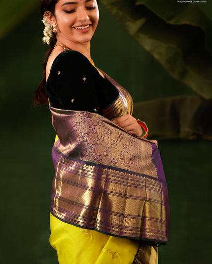 Yellow-Peacock green Pure kanchipuram silk saree With zari woven buttas