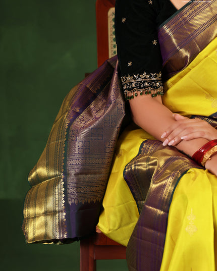 Yellow-Peacock green Pure kanchipuram silk saree With zari woven buttas