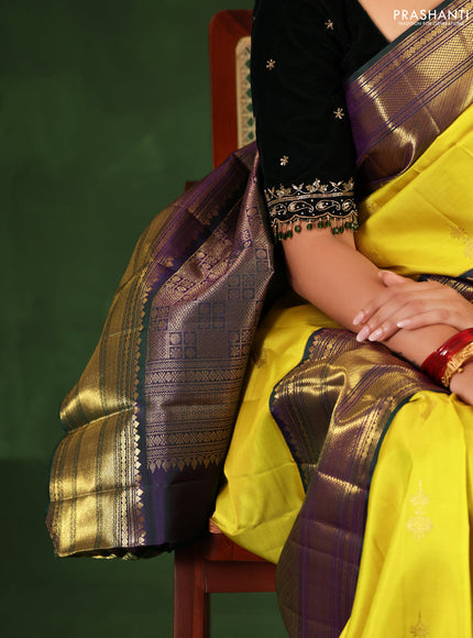 Yellow-Peacock green Pure kanchipuram silk saree With zari woven buttas