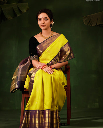 Yellow-Peacock green Pure kanchipuram silk saree With zari woven buttas