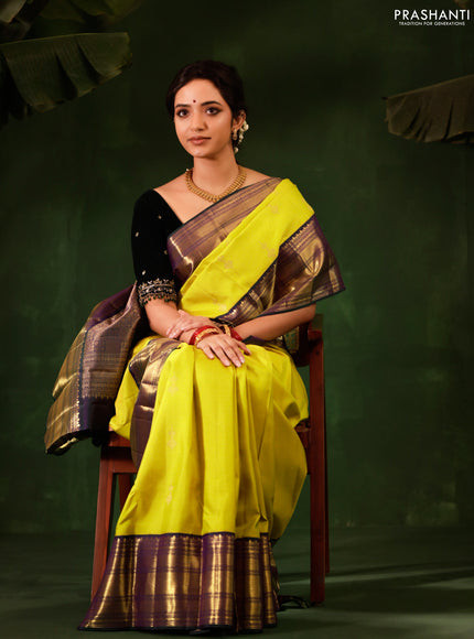 Yellow-Peacock green Pure kanchipuram silk saree With zari woven buttas