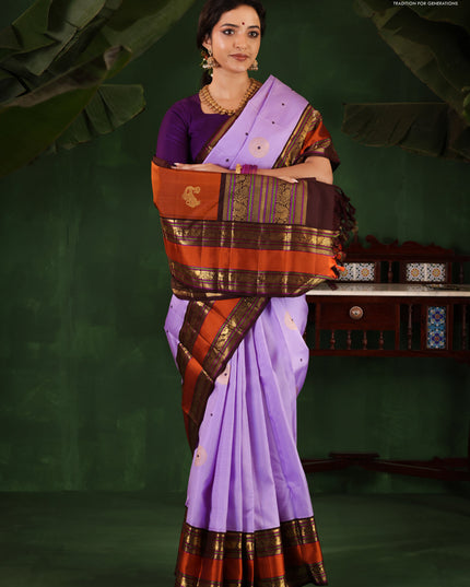 Lavender-Coffee brown Pure Kanchipuram Silk Saree With Zari woven Buttas