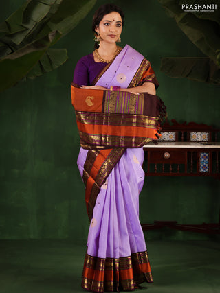Lavender-Coffee brown Pure Kanchipuram Silk Saree With Zari woven Buttas